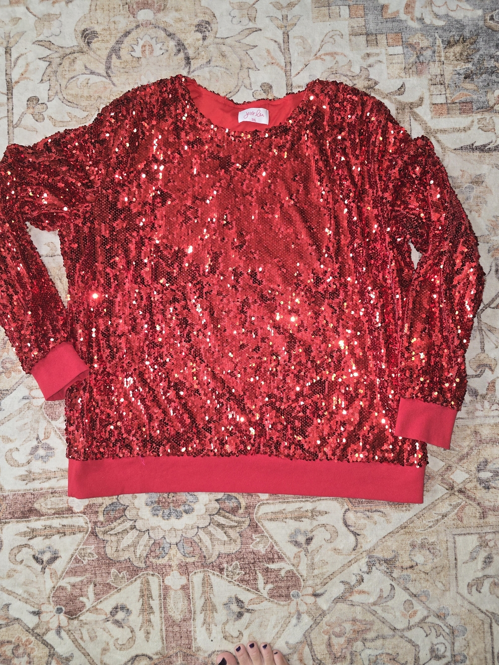 Red Sequin Long-Sleeve Pullover Sweatshirt